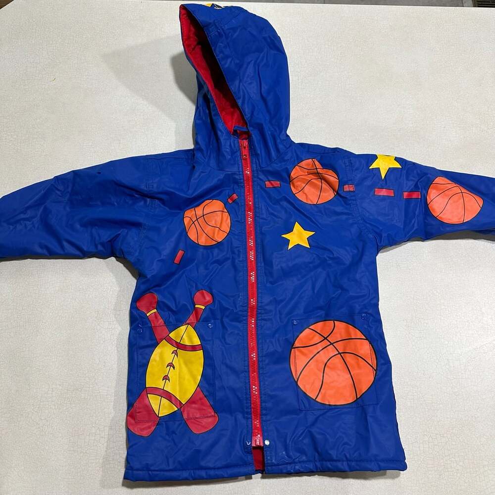 Wippette Kids Sports Print Hooded Rain Jacket Size 3T Blue Red